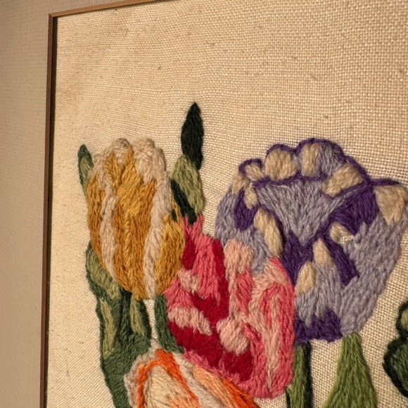 Vintage Crewel Embroidery Floral Wall Art Framed Tulips Hummingbird Matted - Picture 4 of 8